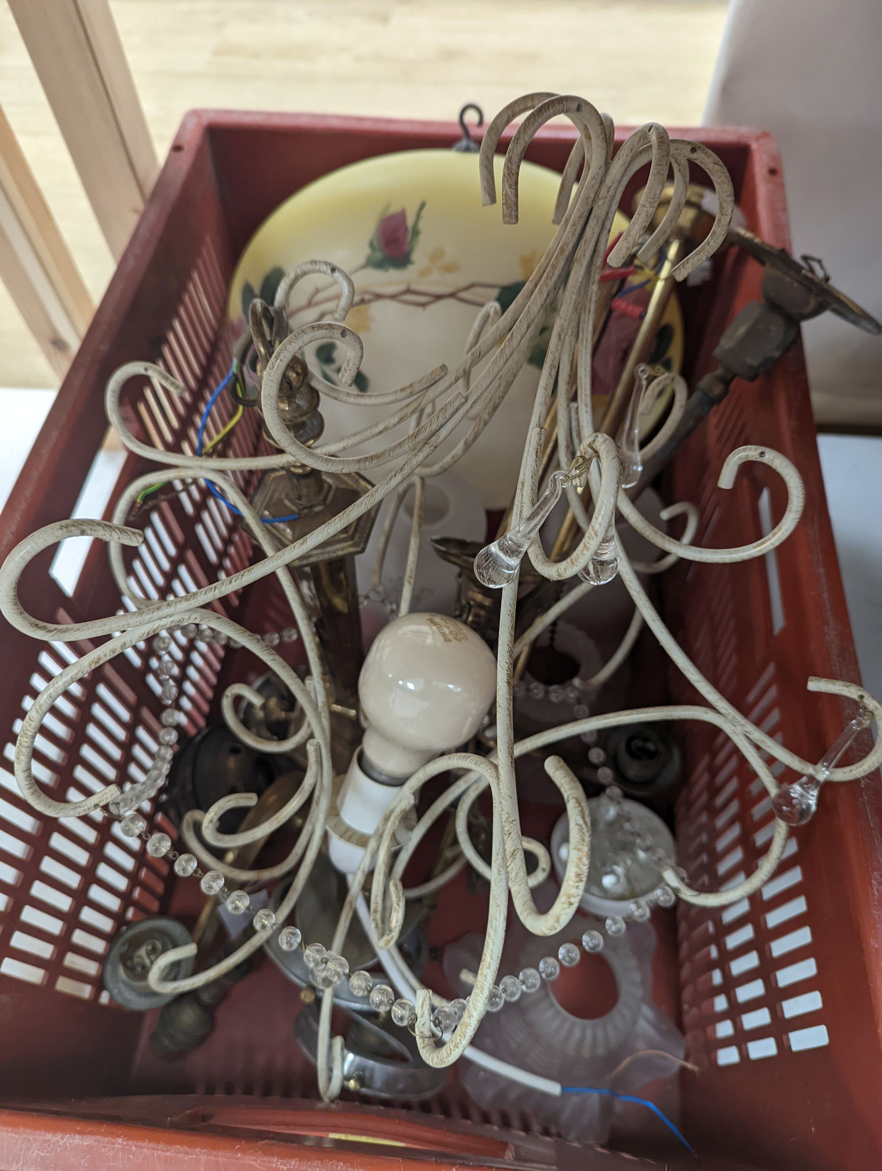 A glass rose decorated plaffonier and various central light fittings